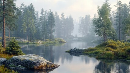 Serene landscape with calm waters and misty forest backdrop