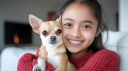 Indonesian girl playing with chihuahua dog pet in living room, wearing knitted sweater
