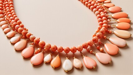 Obraz premium A necklace with a series of beads in shades of orange and coral, featuring dangling charms in various sizes and shapes.