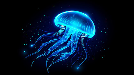 Fototapeta premium Glowing blue jellyfish in dark space. (1)