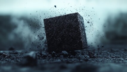 Dark floating cube creates dust and intrigue in barren landscape