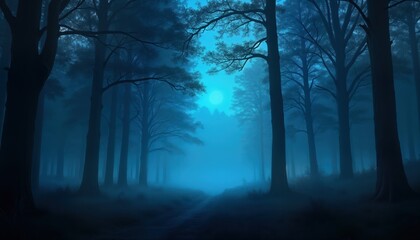 Fototapeta premium Spooky forest at night. Foggy atmosphere, eerie blue light illuminates trees. Path winds through shadowy wood. Haunted atmosphere creates chilling horror background ideal for Halloween scary