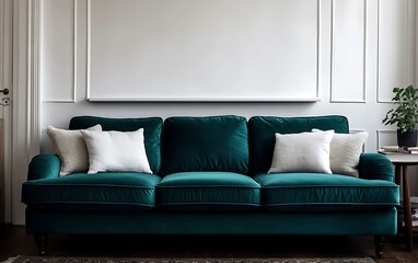 Teal velvet sofa with white pillows in a classic living room.