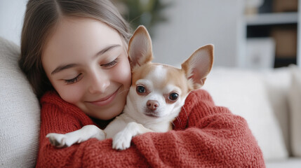 Germany girl playing with chihuahua dog pet in living room, wearing knitted sweater