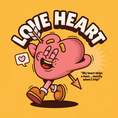 Love Heart Trendy Retro Cartoon Vector Hand Drawn