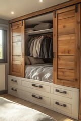 Modern rustic built-in wardrobe with sliding barn doors and integrated bed.