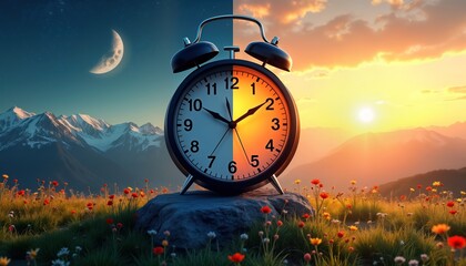 Split image contrasts day, night to illustrate daylight saving time concept. Analog clock stands in meadow with flowers. Mountains, crescent moon in night side. Sunrise, colorful flowers in daytime