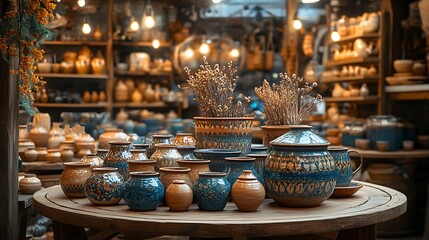 Fototapeta premium A rustic wooden circular carousel display stand with handcrafted details, holding artisanal pottery in a cozy craft market setting with warm lighting and natural decor, charming and inviting.