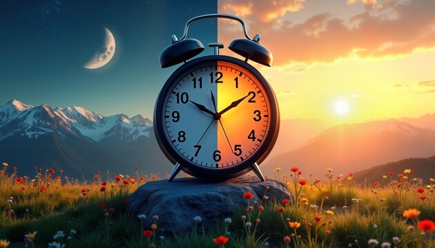 Split image contrasts day, night to illustrate daylight saving time concept. Analog clock stands in meadow with flowers. Mountains, crescent moon in night side. Sunrise, colorful flowers in daytime