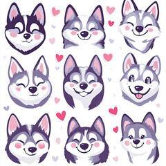 Fototapeta premium Set of Nine Husky Faces Filled with Love and Joy