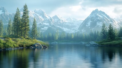 Fototapeta premium Tranquil mountain lake surrounded by lush trees at sunrise