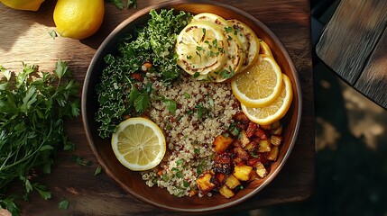 A hearty lunch spread with a grain bowl filled with quinoa, kale, roasted vegetables, and a tangy citrus dressing, served on a rustic wooden board with fresh lemons and herbs for garnish,