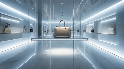Obraz premium A sleek glass display stand with integrated lighting, holding a designer handbag in a minimalist retail space with bright ambient lighting and clean white walls, stylish and elegant. --ar 16:9