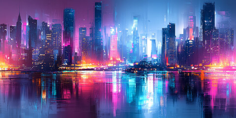 Obraz premium Vibrant Cityscape with Reflections at Dusk