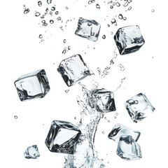 Refreshing ice cubes splashing in a glass of cold water with clear drops and bubbles