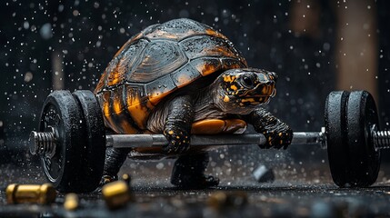 Determined turtle lifting weights in the rain.