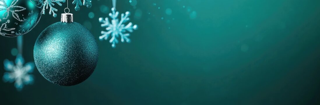 A turquoise background with a teal Christmas ornament, snowflakes, and shiny blue ornaments hanging from the top. Ideal for a social media banner promoting Christmas decorations