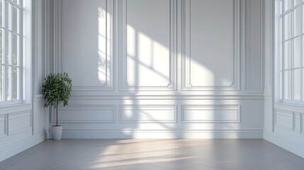 Obraz premium Sunlit White Room Interior Design with Classic Moldings and Plant