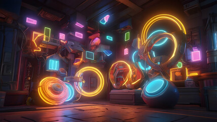 Fototapeta premium Neon Dreamscape: A Futuristic Cyberpunk Room Filled with Vibrant Glowing Lights and Abstract Shapes