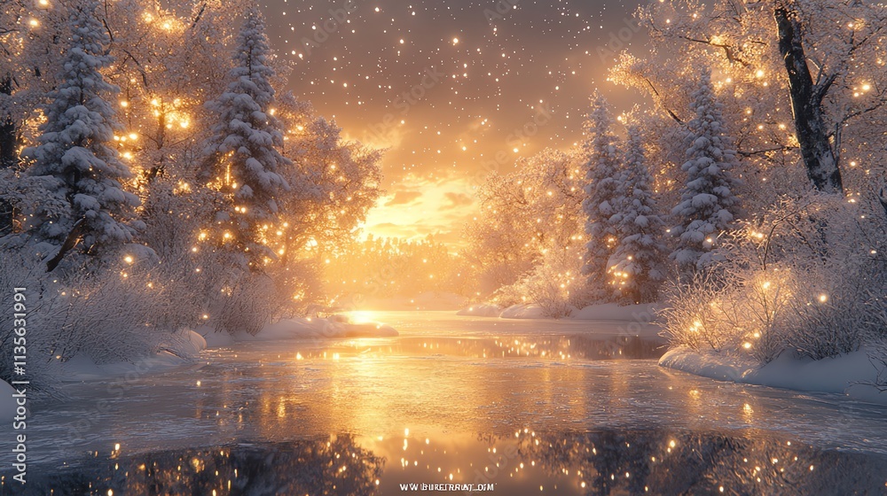 Poster a serene winter landscape with glowing trees and snowflakes reflecting on a tranquil river.