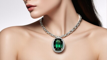 A woman wears a silver necklace with a large oval-shaped green gemstone, set against a white background.