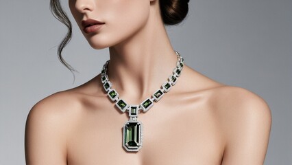 A woman wears a necklace with a large green gemstone pendant, set against a gray background.