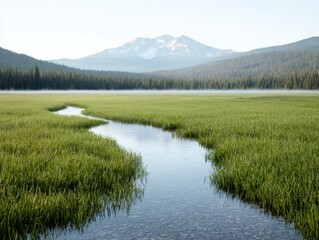 Fototapeta premium Tranquil river flowing through lush green meadow cascade mountains nature landscape serene environment wide-angle view
