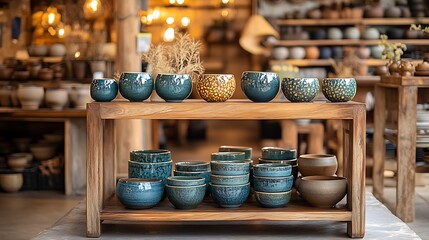 Naklejka premium An adjustable-height display stand made of polished wood, holding artisanal pottery in a rustic craft market with warm natural lighting and earthy tones, charming and adaptable. --ar 16:9