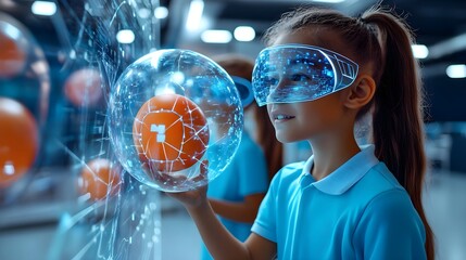 girl in vr headset exploring digital globe - metaverse