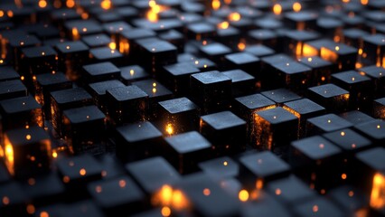 Abstract black cubes with glowing lights in a digital landscape
