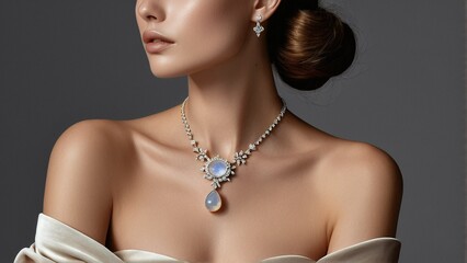 A woman wears a necklace and earrings with a large moonstone pendant and diamond accents, set against a gray background.
