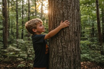 Child Embracing Tree in Forest at Sunset