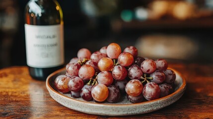 Obraz premium a plate of grapes and a bottle of wine