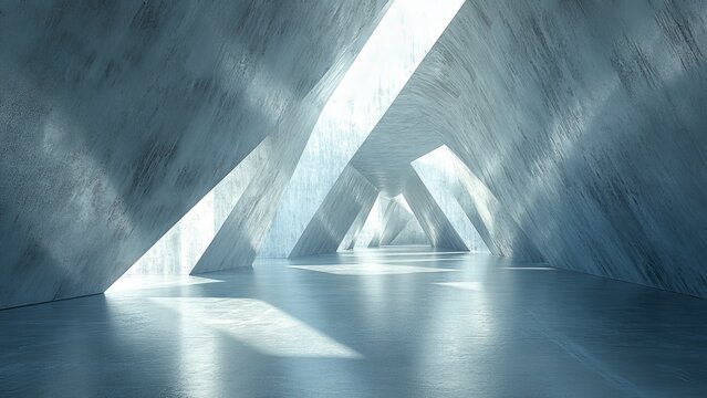 Modern architectural space features unique triangular light patterns