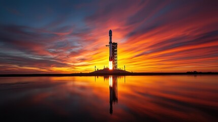 Fototapeta premium Illuminated Rocket Ready for Launch in Vibrant Dusk Sky with Reflecting Silhouette
