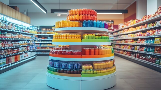A colorful tiered display stand made of durable plastic, arranged to showcase food items in a lively supermarket with warm lighting, surrounded by vibrant product packaging and clean white shelves,