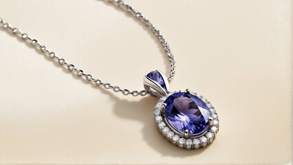 A silver necklace with a pendant featuring a large oval-shaped blue gemstone surrounded by smaller diamonds.