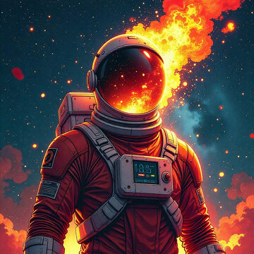 Comic Style Artwork of a Burning Astronaut