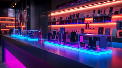 A compact multi-tier acrylic display stand with modular layers, showcasing tech accessories in a high-tech showroom with neon lighting and sleek metallic surfaces, advanced and practical. --ar 16:9