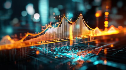 Obraz premium Futuristic Data-Driven Cityscape: Glowing Bridge of Success Connecting Digital Skylines with Charts and Graphs
