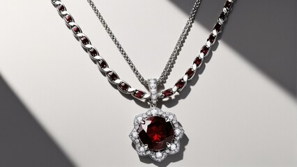 A silver necklace with a large red gemstone pendant and smaller diamonds is displayed against a white background.