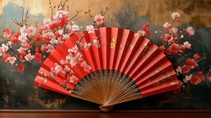 a red and gold fan with flowers on it