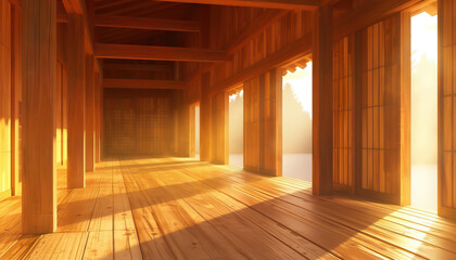 Fototapeta premium Digital Rendering of Sunlit Wooden Hallway with Shoji Screens