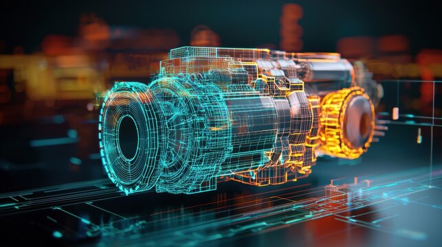 Futuristic Holographic Wireframe of Cummins Diesel Engine with Neon Blue and Green Lighting