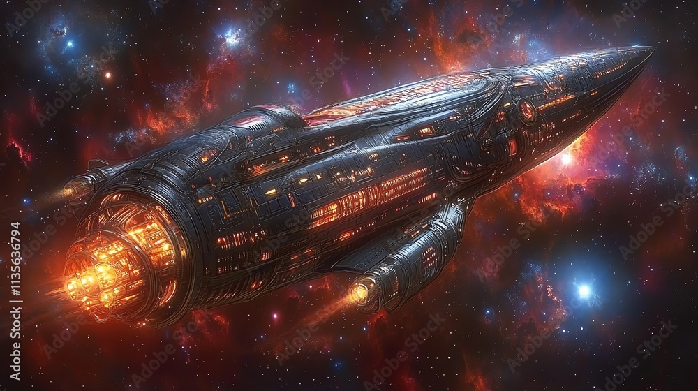 Poster a futuristic spaceship navigating through a vibrant cosmic landscape.