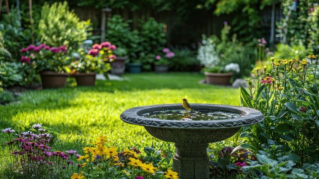 A backyard home garden with blooming flowers, potted plants, and a decorative birdbath in the center.