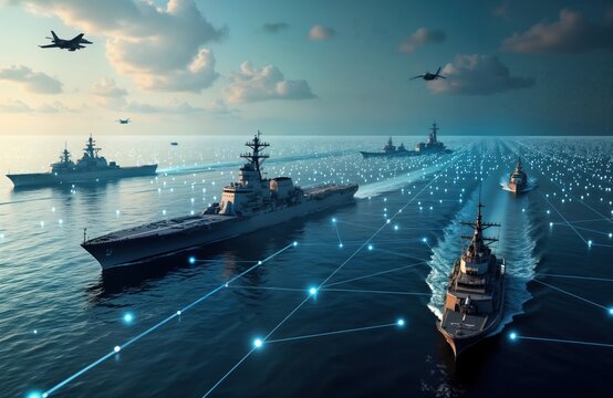Modern military assets fighter jets naval ships satellites data links. Ocean scene. Ships connected by data network. Aerial view. War tech future. Strategic defense. Global power. Military strength.