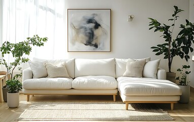 Sunlit living room with off-white sectional sofa, plants, and abstract art.