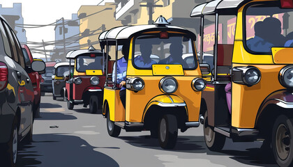 Obraz premium Tuk-Tuks and Cars in City Traffic