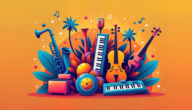 Vibrant music festival logo design with colorful instruments. Saxophone keyboard, violin featured. Tropical plants, bright colors create fun atmosphere. Design for music celebration events. Great for - Powered by Adobe